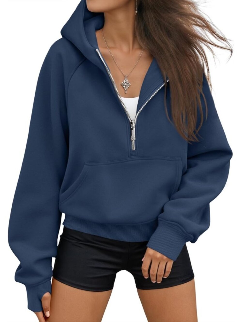 〽️Women Navy Blue Half Zip Up Hooded Neck Fleece Lined Pocket Travel Sweatshirt